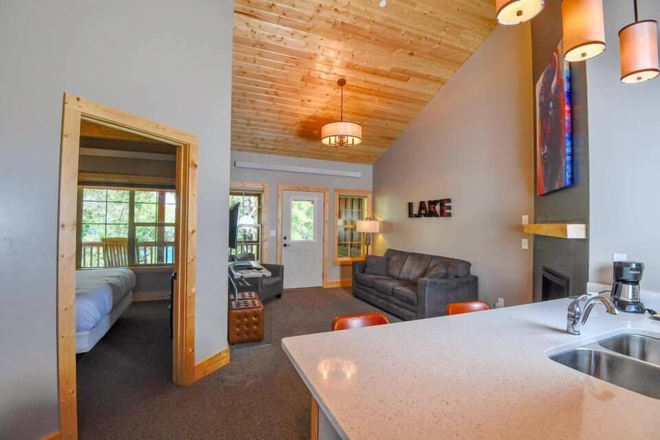 Cabin, 1 Bedroom, Lake View | Living area | Flat-screen TV, fireplace