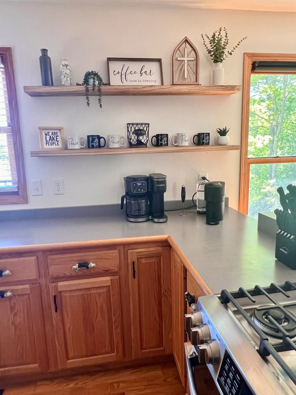 Spacious kitchen with coffee station and plenty of prep space.