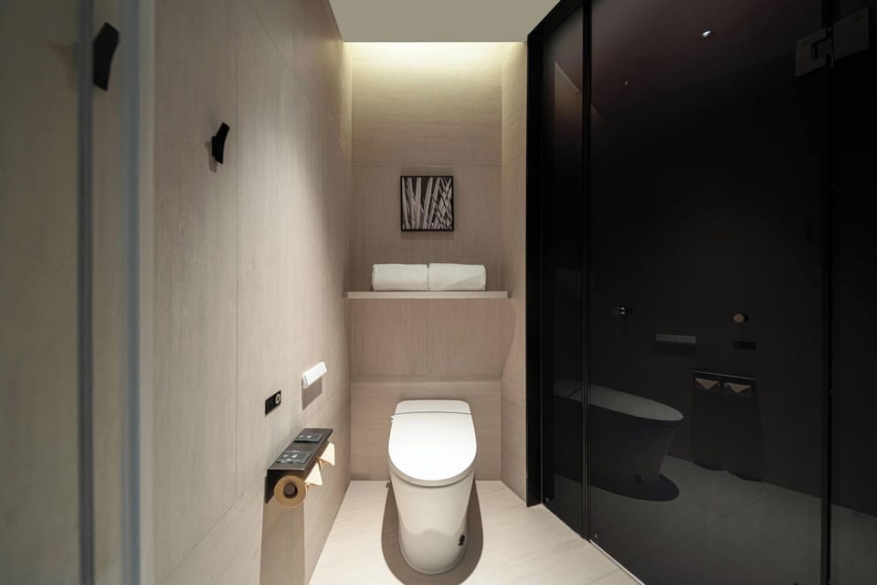 Shower, hair dryer, slippers, towels