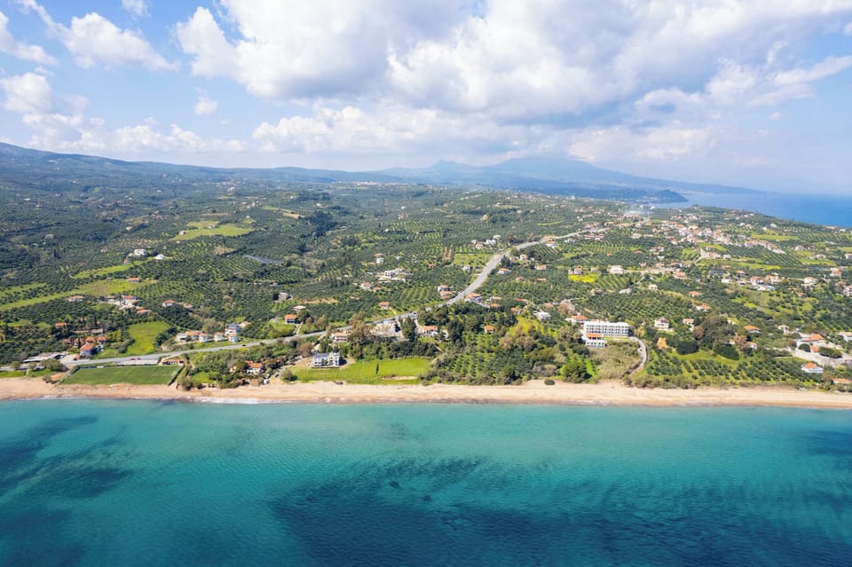 Panoramic Aerial View of Koroni Village and Surrounding Coastline