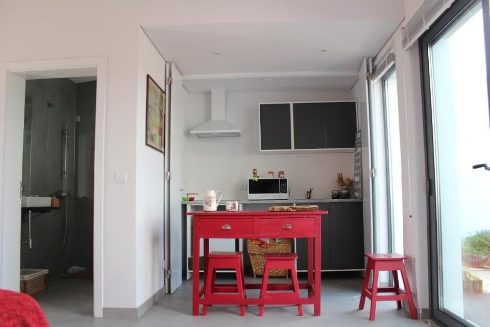 Family Apartment, Patio, Pool View | Private kitchen | Shared microwave