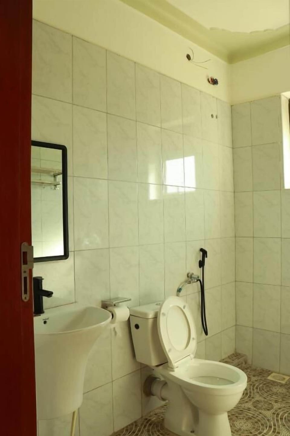 Shower, towels, soap, toilet paper