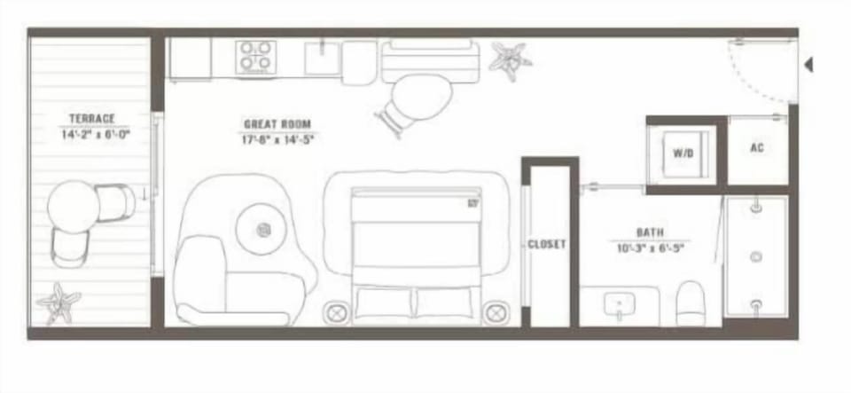 Detailed floor plan of the spacious studio layout. Features an open-concept great room, fully equipped kitchen area, full bath, in-unit laundry, and a private terrace. Seamlessly designed to maximize your comfort and space.