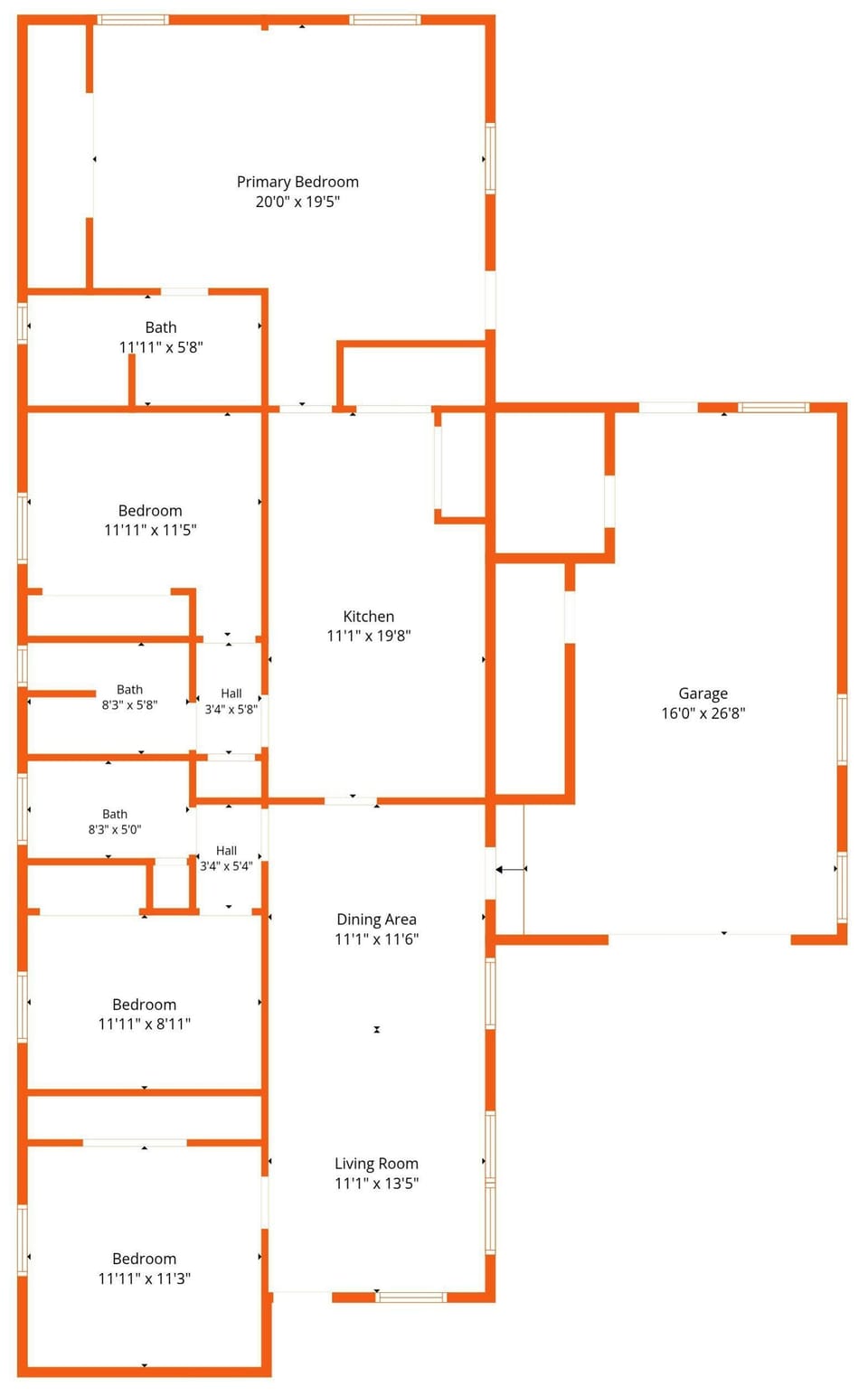 Spacious 4-bedroom layout with central living area and attached garage