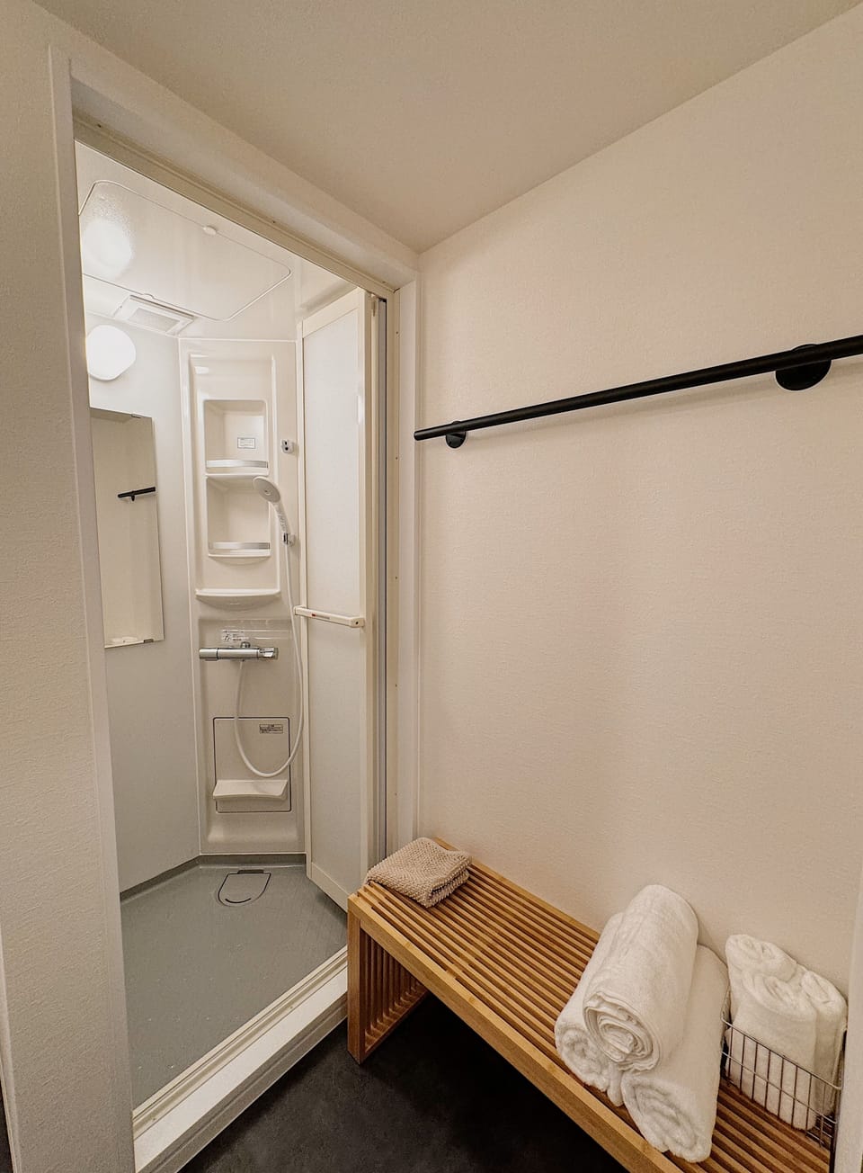 Hair dryer, towels, shampoo