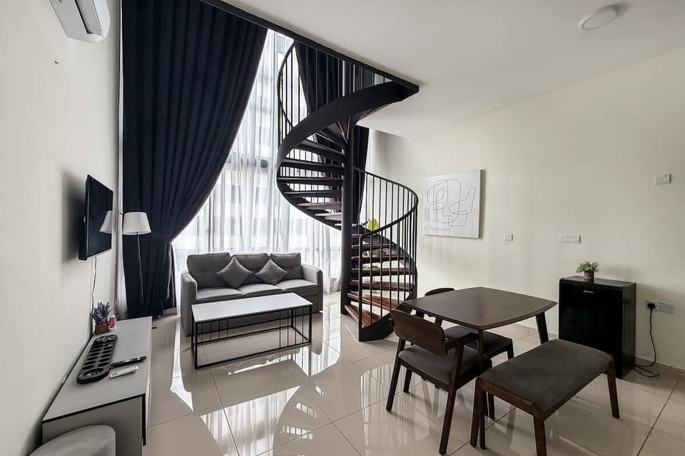 A modern duplex with a spiral staircase.