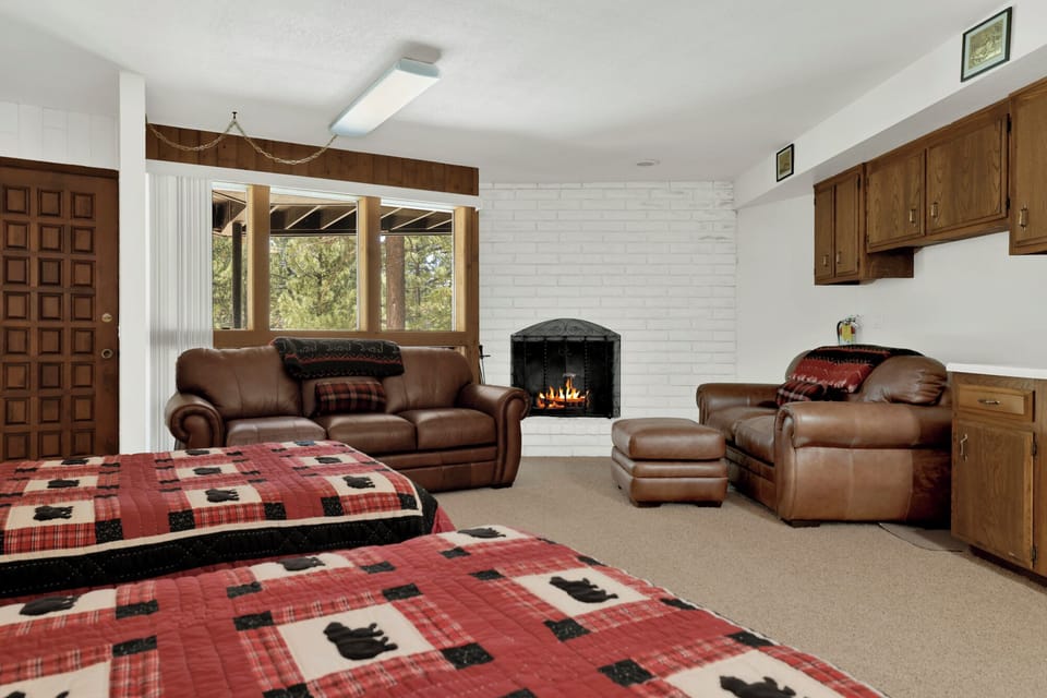 Downstairs living space with driveway access, fireplace, two twin beds and its own private bathroom
