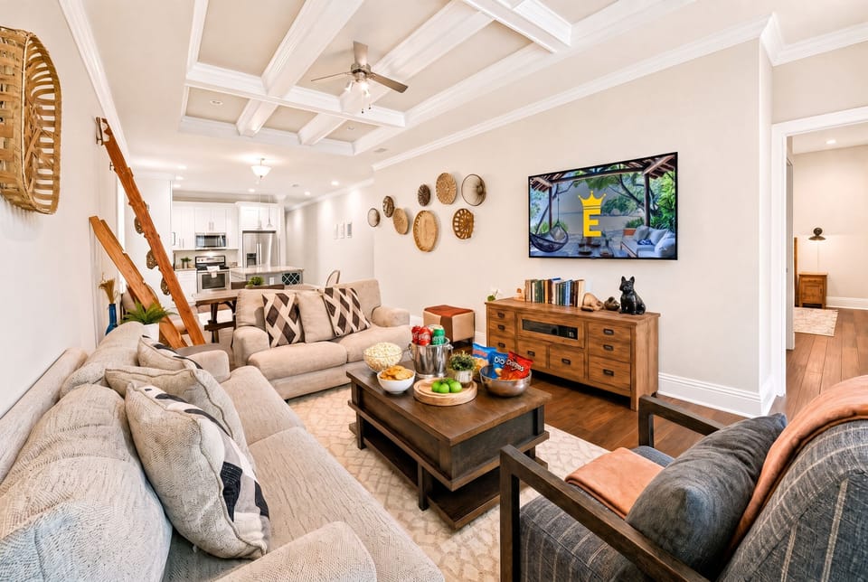 Sink into a living room built for lazy afternoons and long conversations, snacks on the table, sunlight through the window, nowhere else you need to be.