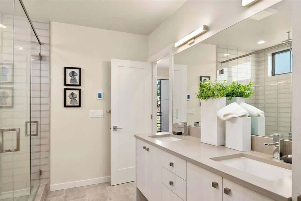Luxurious master bath with rain fall shower head and double shower