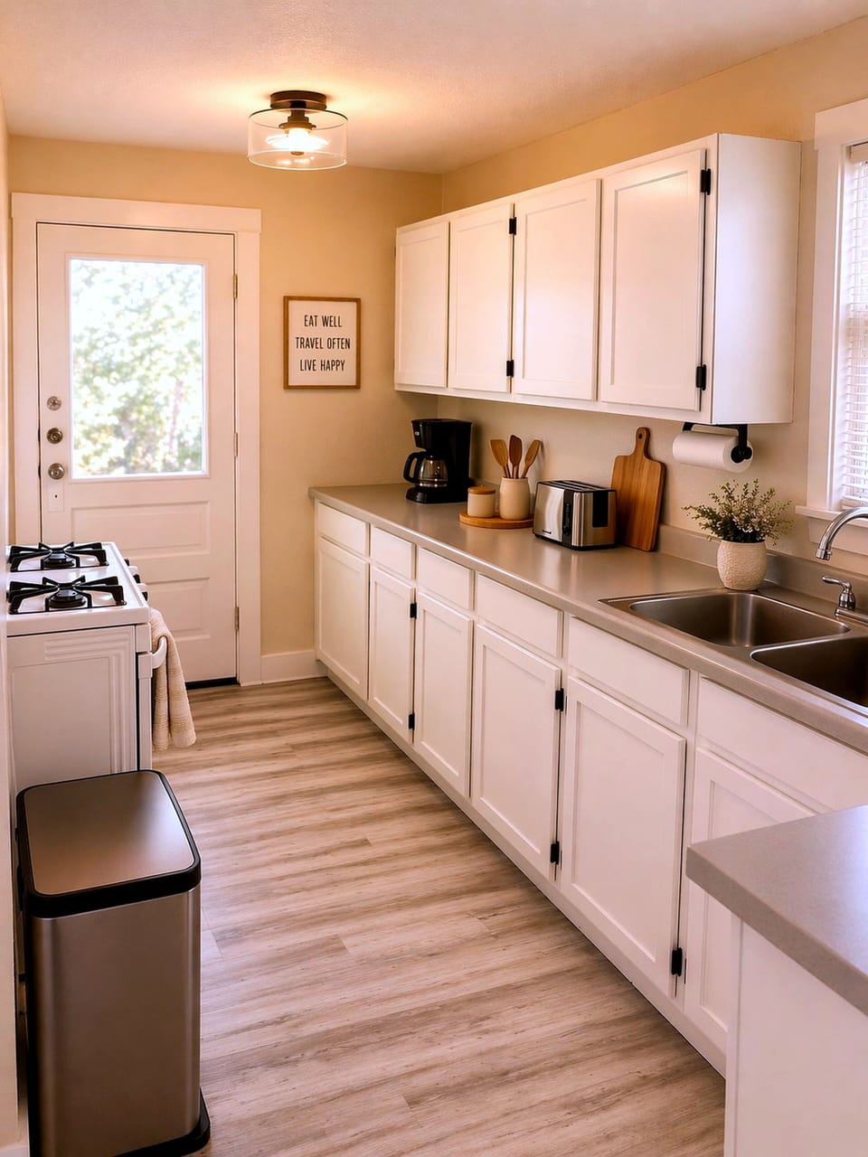 Bright galley kitchen with ample counters, coffee bar, and gas range.