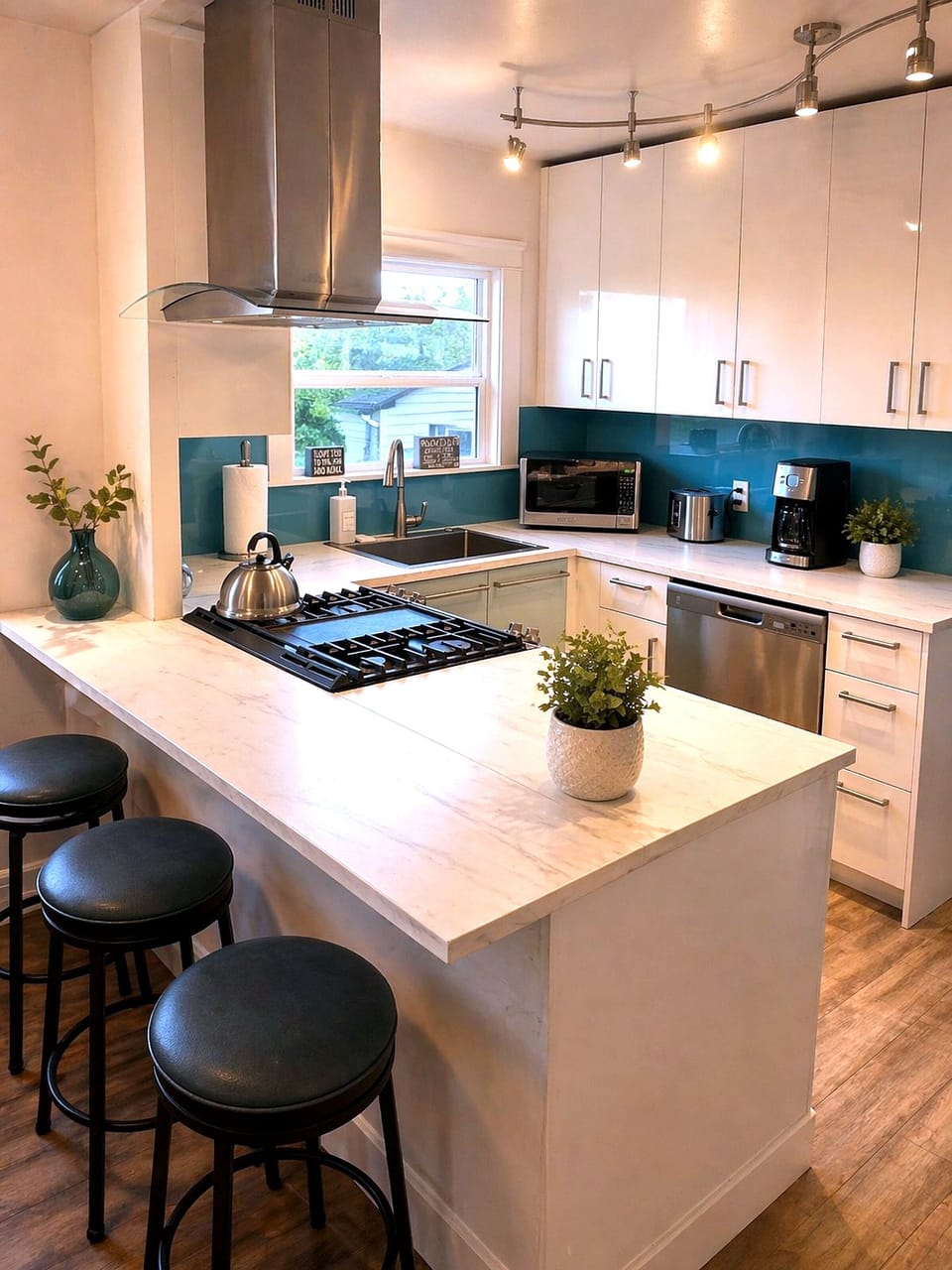 Bright modern kitchen with island seating, gas cooktop, and stylish finishes