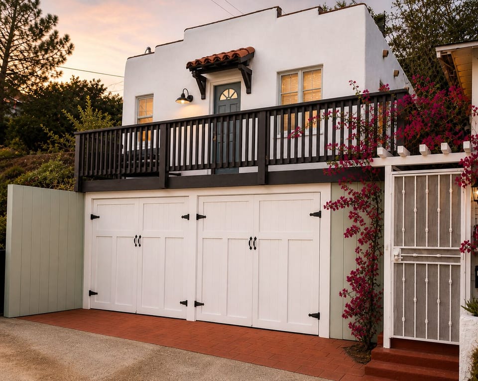 Charming Spanish casita with private balcony and vibrant bougainvillea