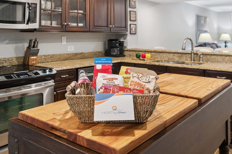 A Host & Home welcome basket greets you on arrival, with snacks and goodies to get the vacation started on the right note.