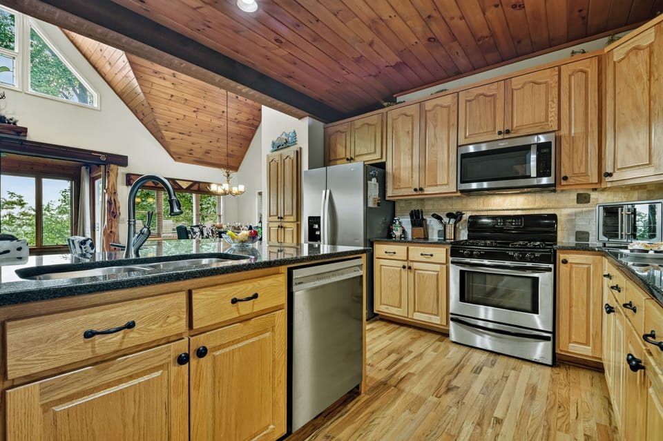 The fully stocked kitchen is equipped with everything needed to prepare anything from a quick breakfast to a gourmet family feast