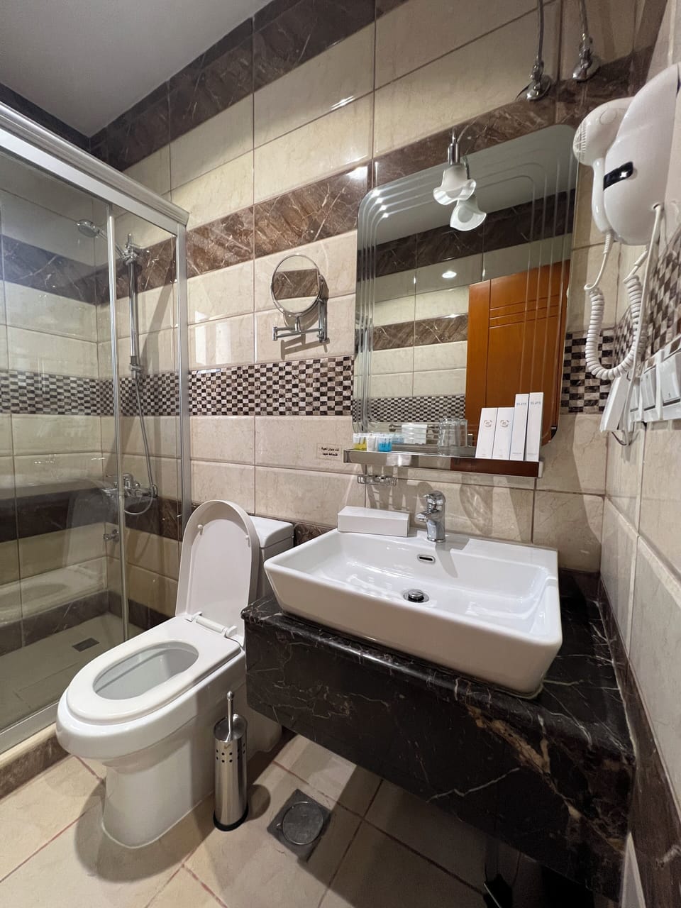 Hair dryer, soap, shampoo, toilet paper