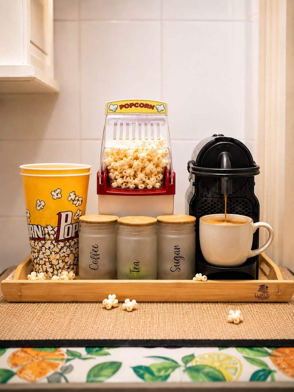 Cozy coffee corner with everything provided: coffee pods, tea, sugar and popcorn station for relaxing movie nights in