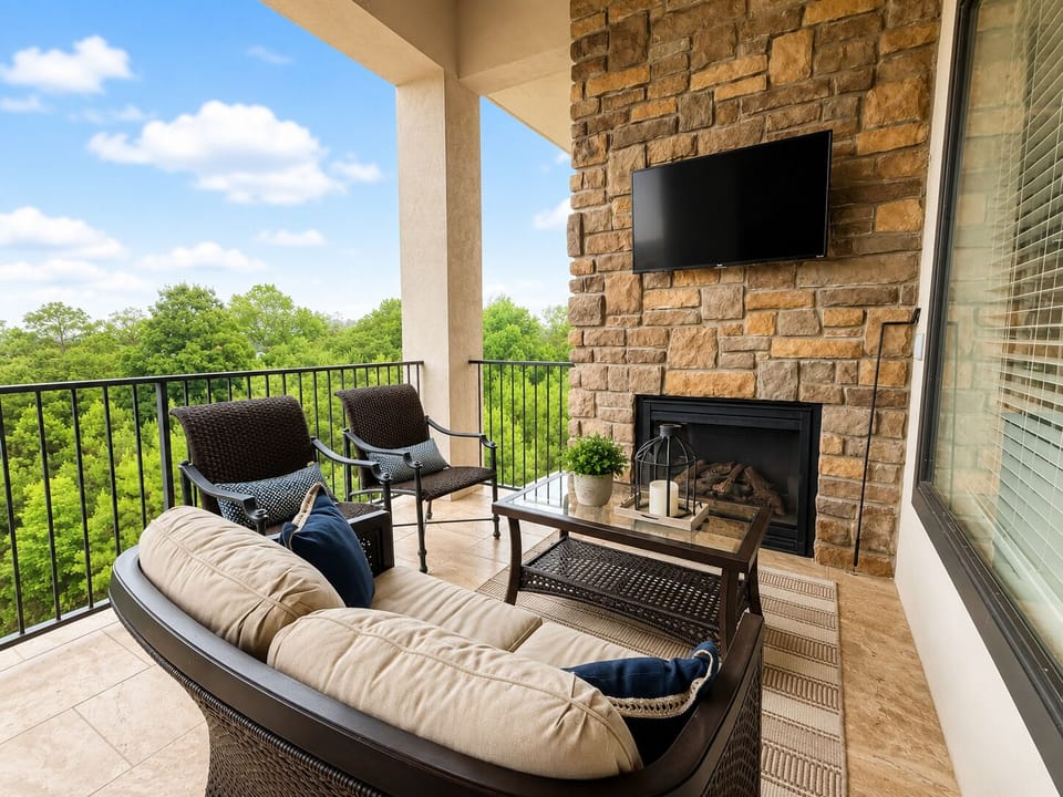 Comfortable seating around the gas fireplace and wall mount tv.