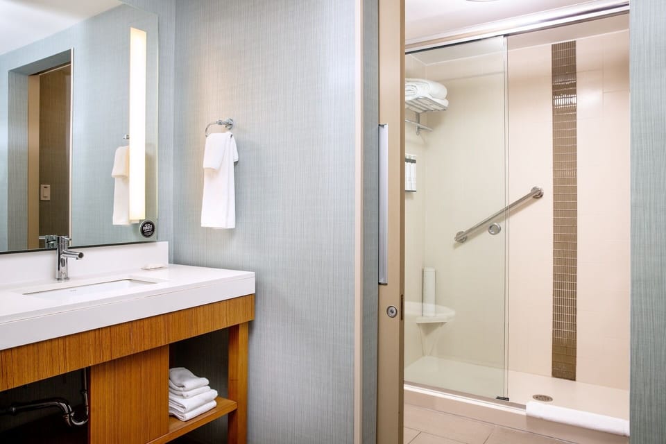 Designer toiletries, hair dryer, towels