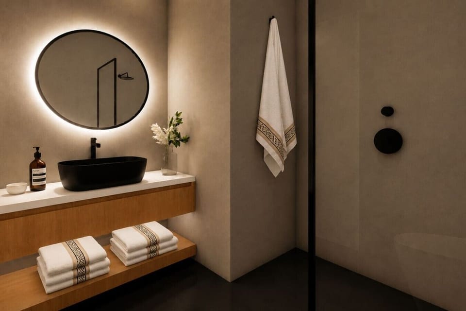 Modern bathroom featuring a sleek walk-in shower, backlit vanity mirror, premium toiletries, and soft hotel-quality towels.