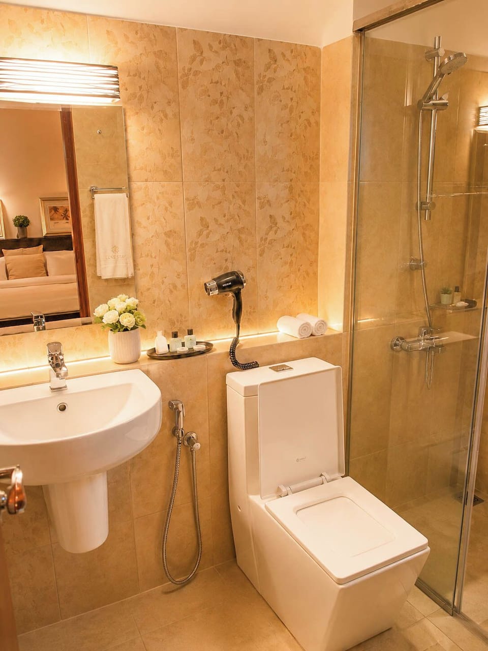 Shower, towels, soap, shampoo
