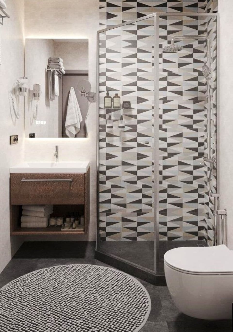 Shower, rainfall showerhead, free toiletries, hair dryer