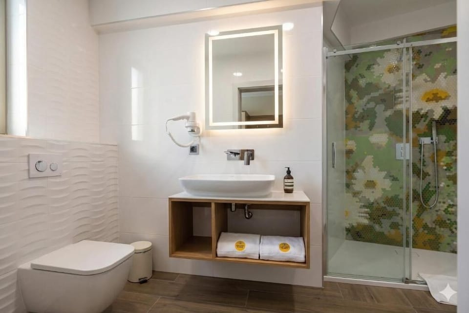 Hair dryer, slippers, towels, soap