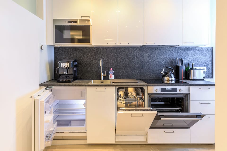 Deluxe Apartment | Private kitchen | Full-size fridge, oven, stovetop, cookware/dishes/utensils