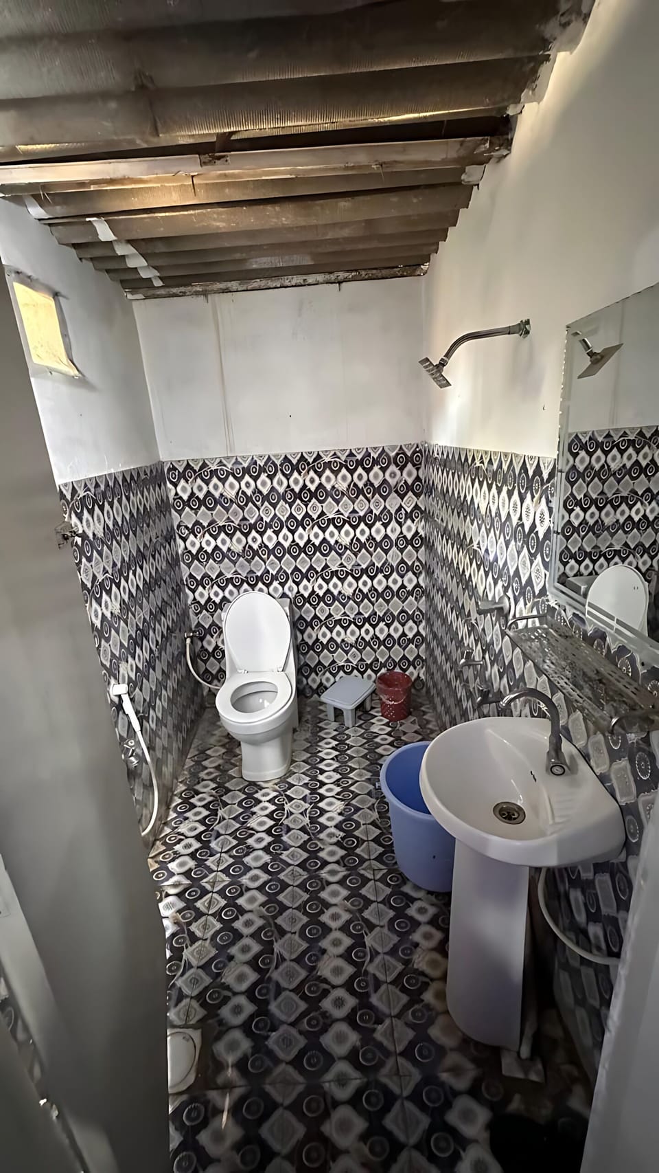 Shower, slippers, towels, soap