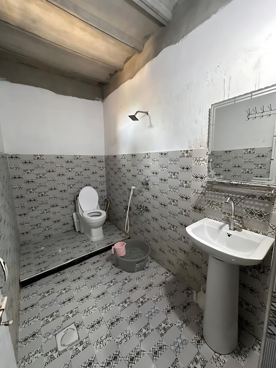 Shower, slippers, towels, soap