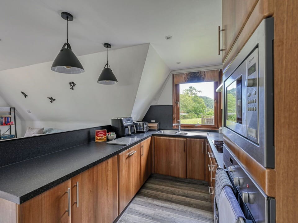 Kitchen, Flooring, Wood, Interior Design, Countertop, Floor, Ceiling, Kitchen Appliance, Furniture, Lighting
