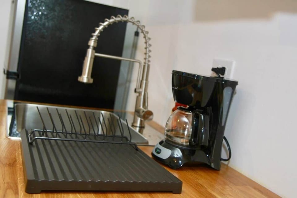 Sink, drying rack and pad, coffee maker
