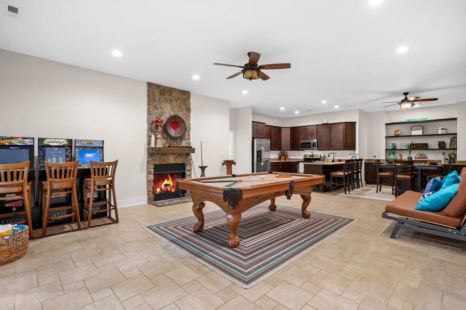 Living & Game Room | Fireplace | Pool Table & Arcade Games