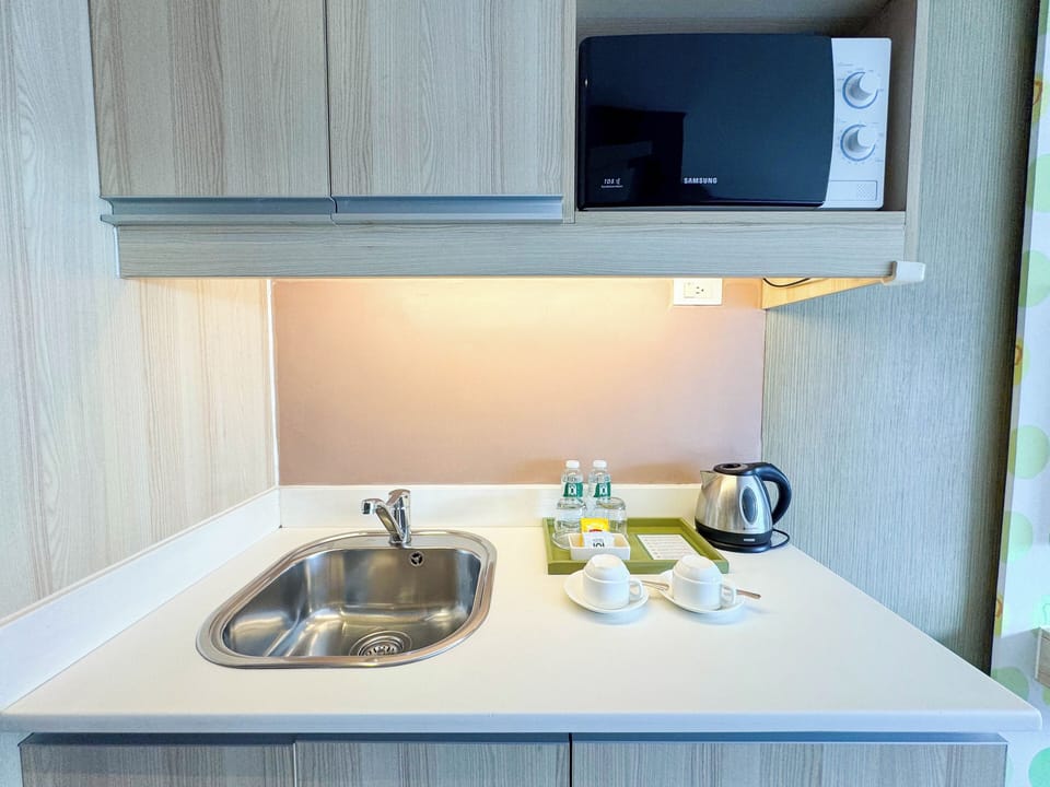 Mini-fridge, microwave, coffee/tea maker