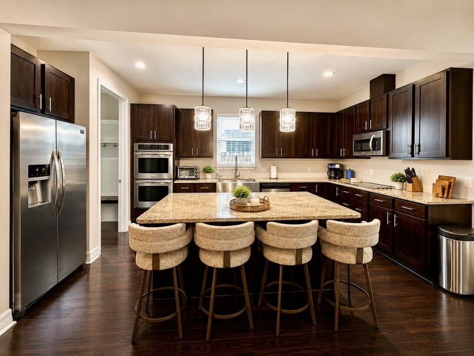 Cook like you’re home. From morning coffee to holiday meals, this fully equipped kitchen features granite countertops, ample prep space, double ovens, and seating where everyone can gather.