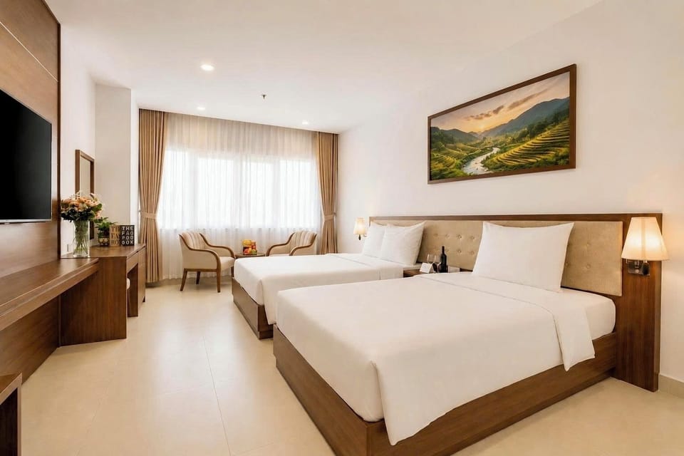Family Triple Room, Garden View | In-room safe, desk, laptop workspace, blackout drapes