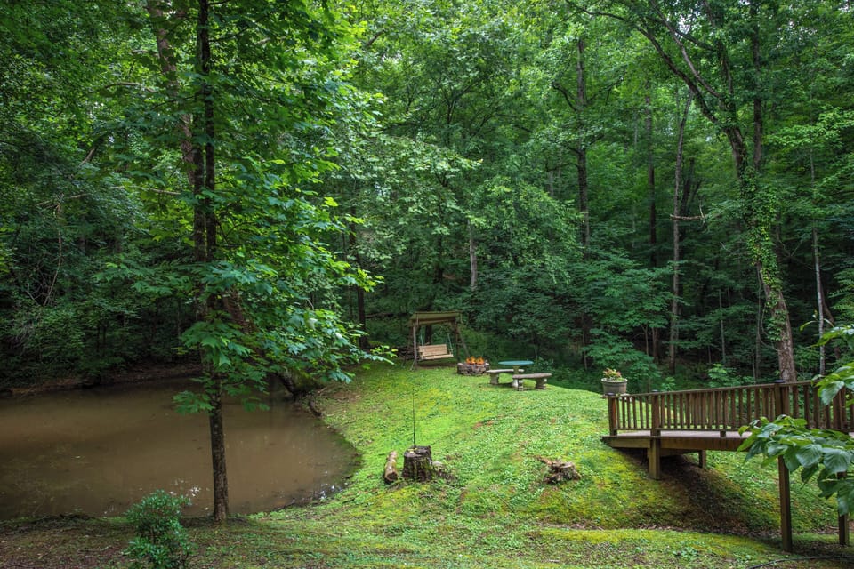 A private wooded retreat features a tranquil pond, wooden deck, and swing, surrounded by lush forest—perfect for peaceful outdoor relaxation.