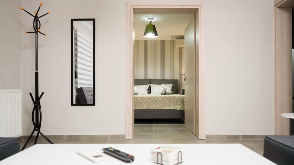 Stylish entrance area with a full-length mirror and modern accents.