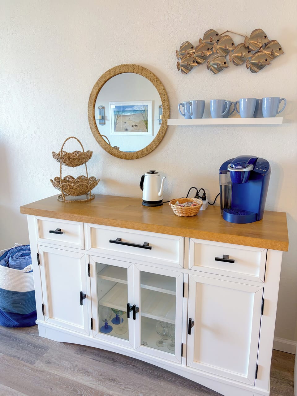 Coffee bar with Keurig, drop coffee maker, and electric kettle. 