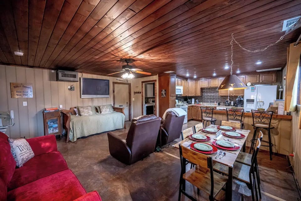 Dining table, living , kitchen area.