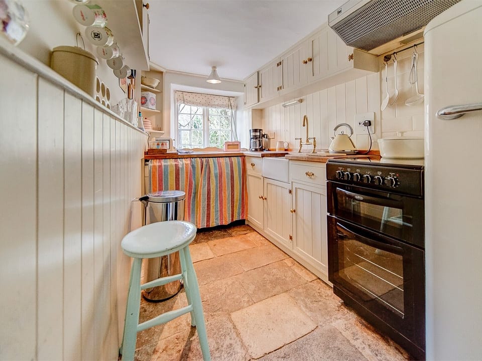 The galley-style kitchen