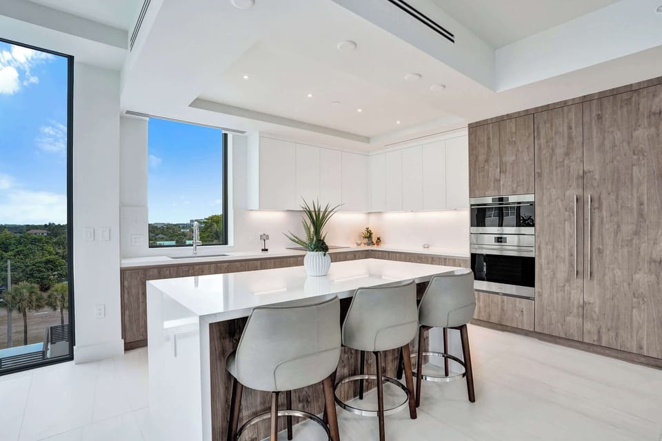 Modern chef's kitchen with quartz island