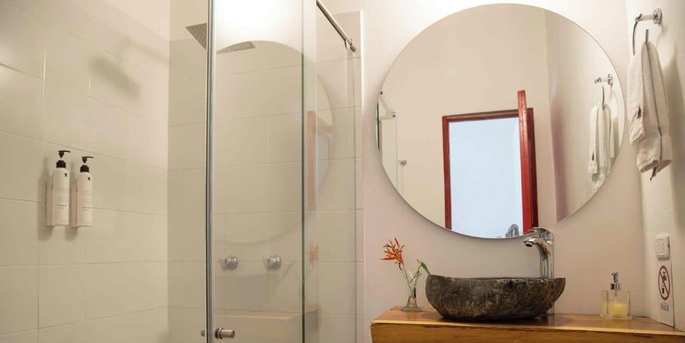 Peacock MAIN HOUSE, private bathroom, pool views | Bathroom | Shower, towels, soap, shampoo