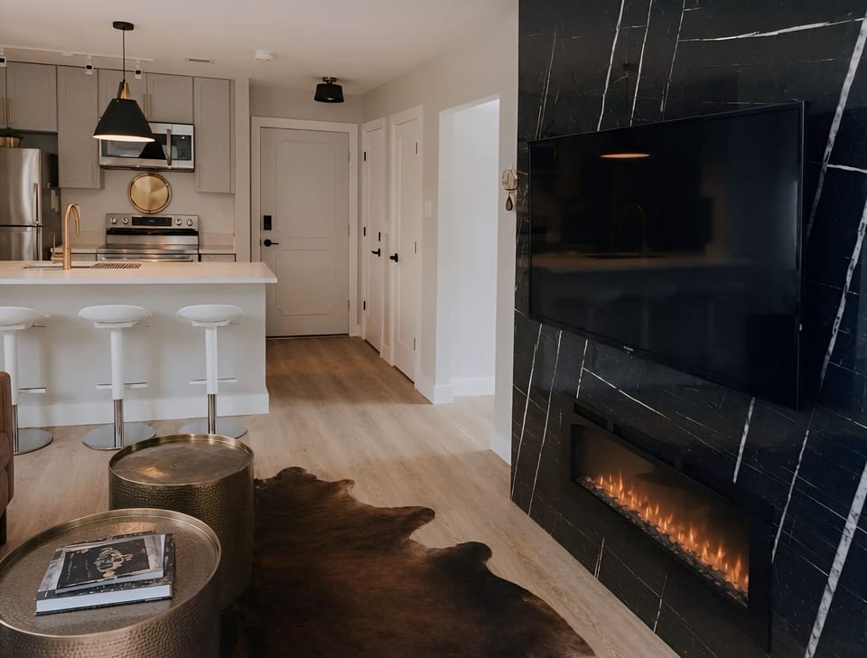 Luxury living room & open-concept kitchen