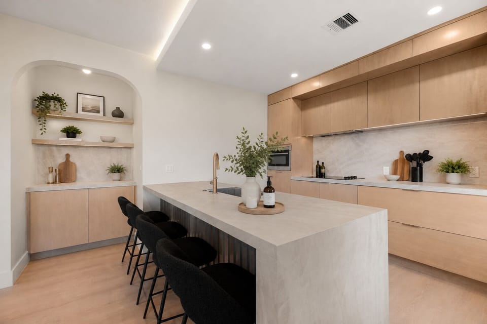 Modern designer kitchen with waterfall island and seating for four
