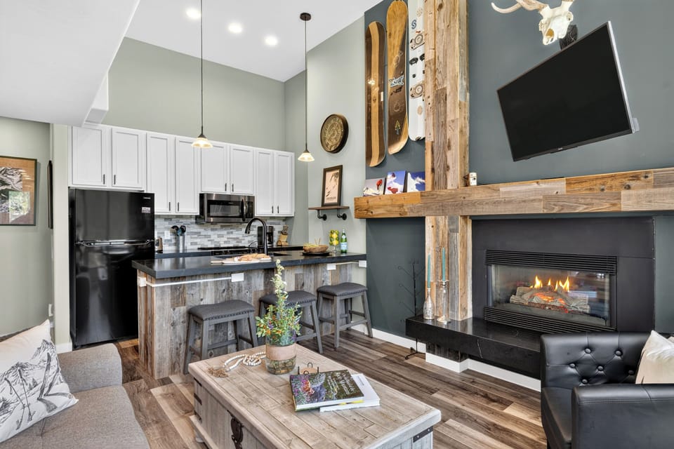 Open-concept floor plan beautifully blending alpine charm with contemporary finishes.