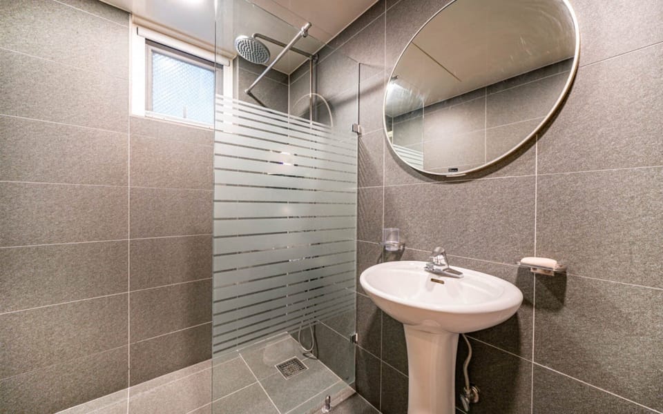 Hair dryer, towels, shampoo, toilet paper