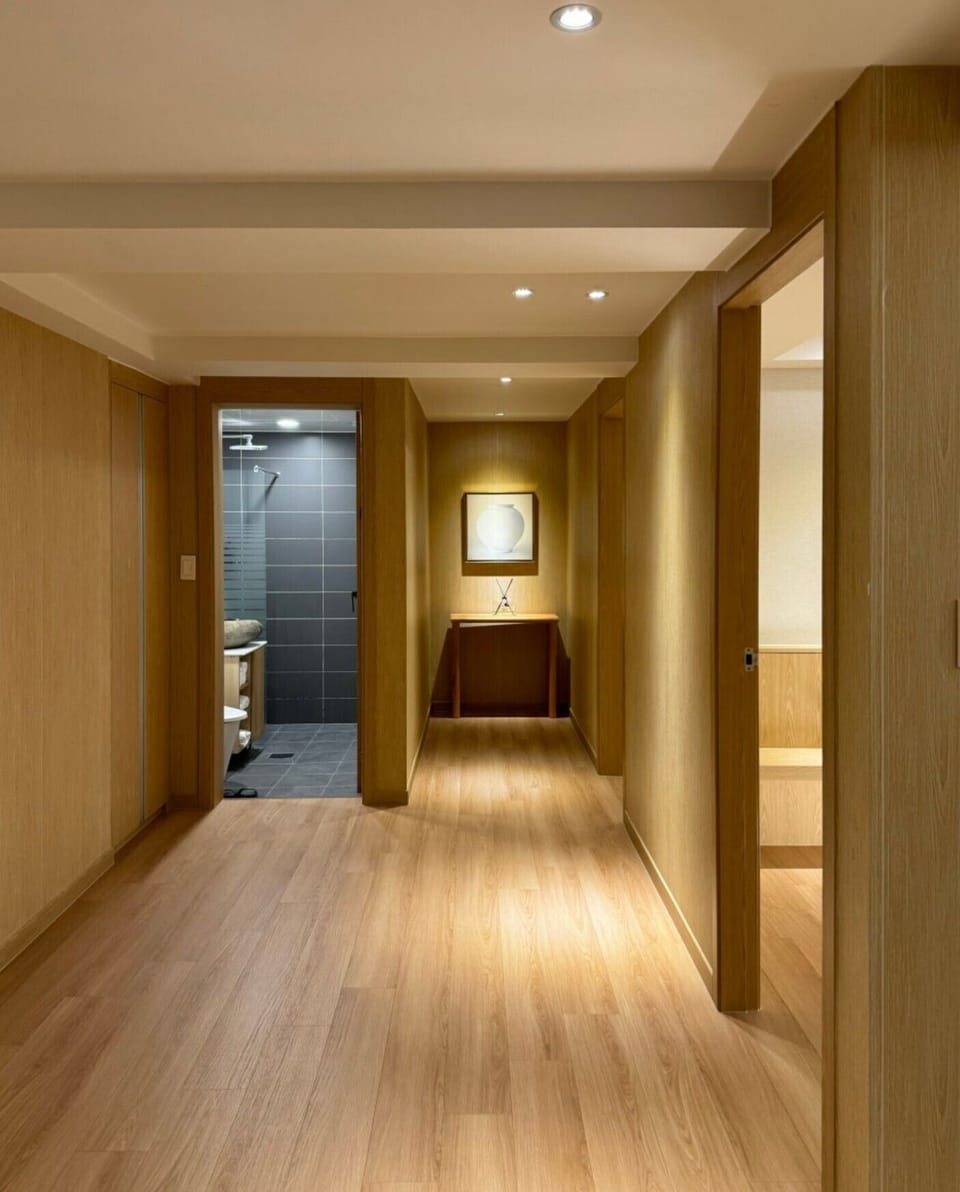 Shower, hair dryer, towels, shampoo