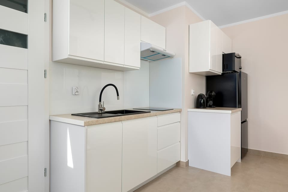 Modern kitchenette equipped with an induction hob, microwave, coffee machine and all essential cooking amenities.