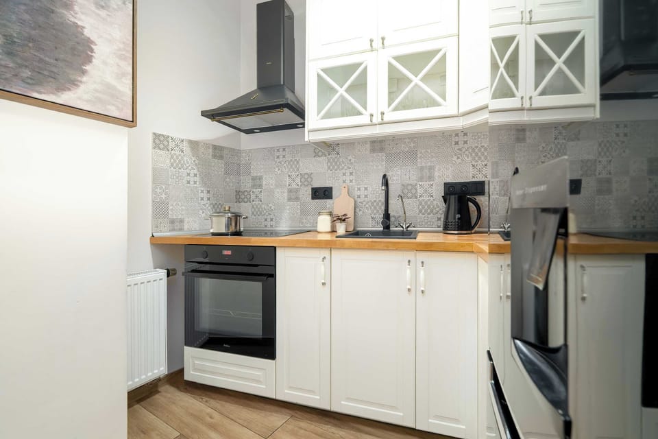 Fully equipped kitchen with an oven, induction hob, dishwasher and stylish contemporary cabinetry.