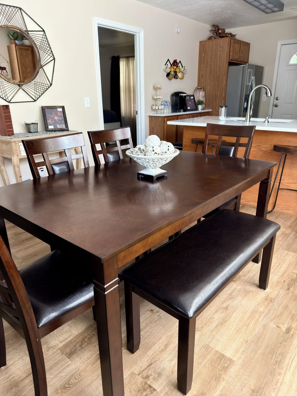Dining table with 4 chairs, padded bench for 2, and 2 bar stools